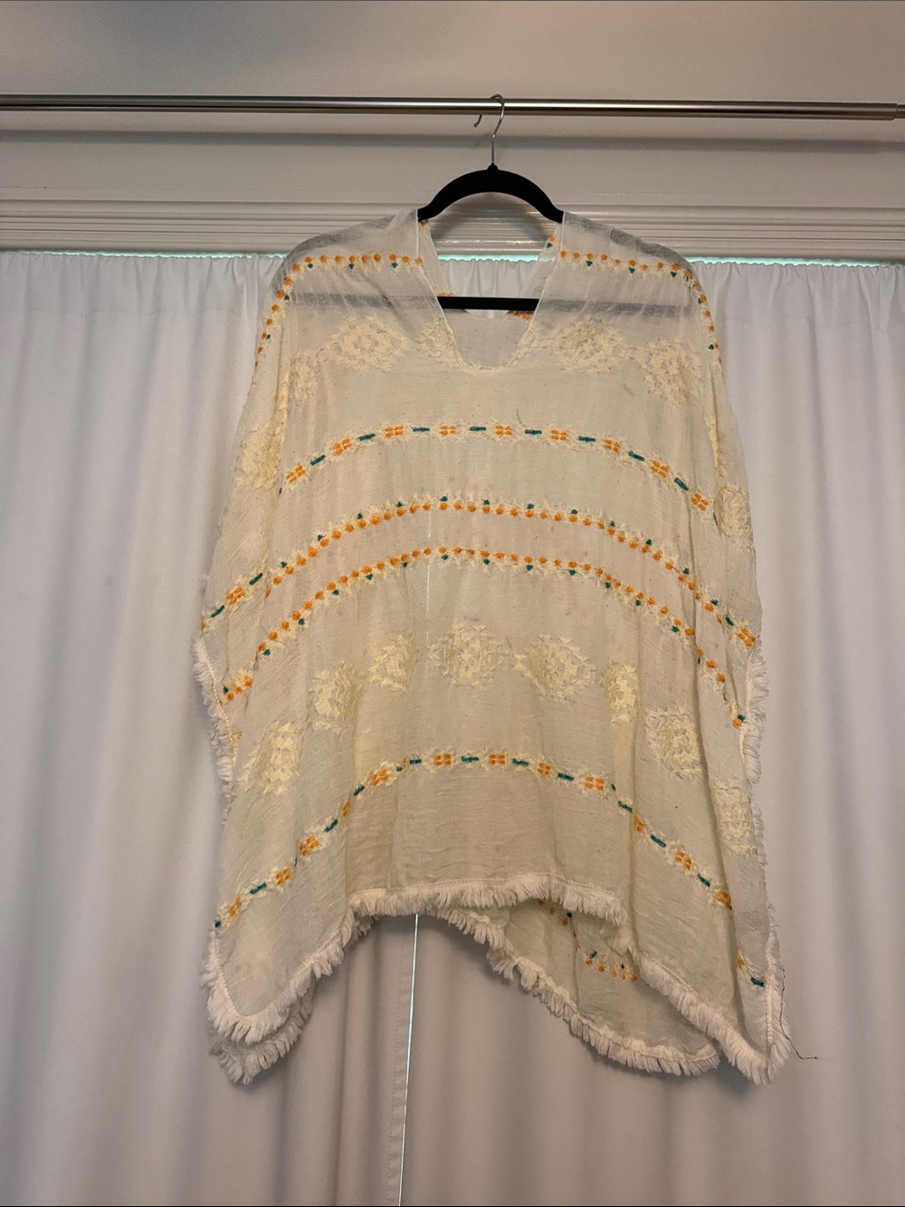 Cream Embroidered Fringe Poncho with Yellow & Teal Accents